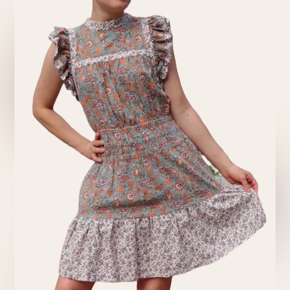 Universal Thread Floral Ruffle Mini Dress - Orange and Cream